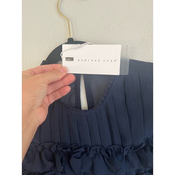 Anthropologie Endless Rose Sheer Navy Pleated Blouse w/ Lace Detail, Lar… - Picture 9 of 11